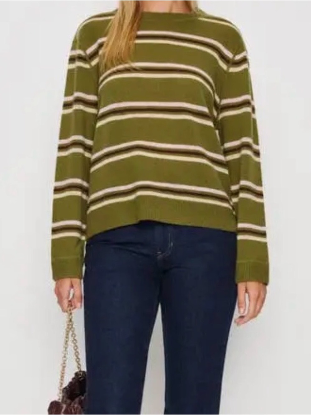 Reformation Boyfriend Cashmere Olive Green Striped Crewneck Sweater